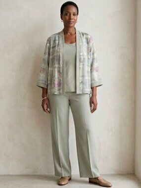 Vintage R&M Richards Karen Kwong Sage Floral 2-in-1 Sheer Jacket Set Size 14W